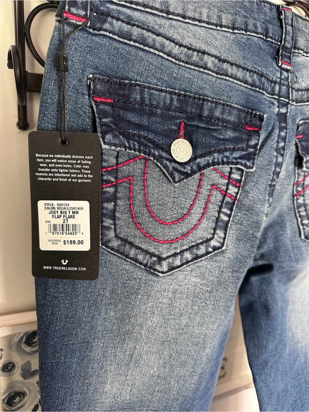 NWT True Religion Indigo Joey Midrise flare Denim Jeans red stitching size 27